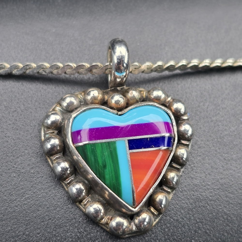 Vintage Sterling Silver Heart Pendant with Inlay Multi Stones - Southwest